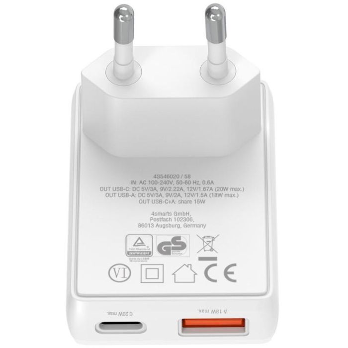4smarts Netzladegert FlatPlug Duos 20W GaN 1C+1A, wei 4