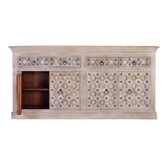 GINER Y COLOMER BAKRA Buffet en bois de mangle avec 4 portes et 4 tiroirs - Finition blanc lavé - 190 x 92 x 42 cm 2