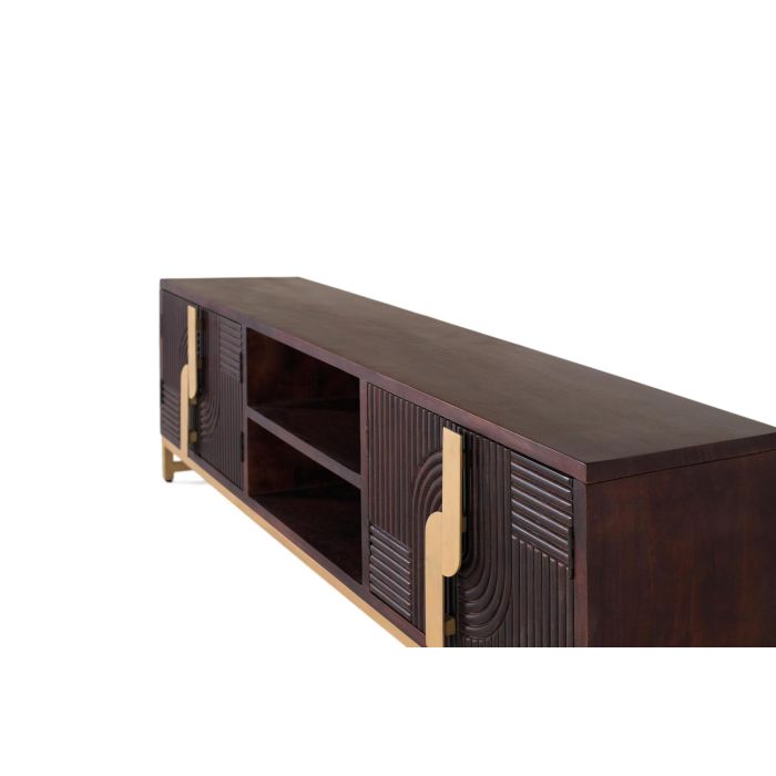 GINER Y COLOMER Buffet TV en bois de manguier massif couleur noyer avec base métallique dorée - Design art déco, portes et étagères 3 GINER Y COLOMER Buffet TV en bois de manguier massif couleur noyer avec base métallique dorée - Design art déco, portes et étagères 3