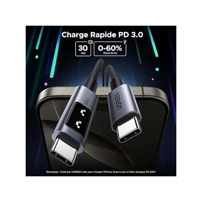 UGREEN Câble USB-C vers USB-C 100W PD Nylon Tressé Recharge Rapide Transfert de Données 2 mètres Noir