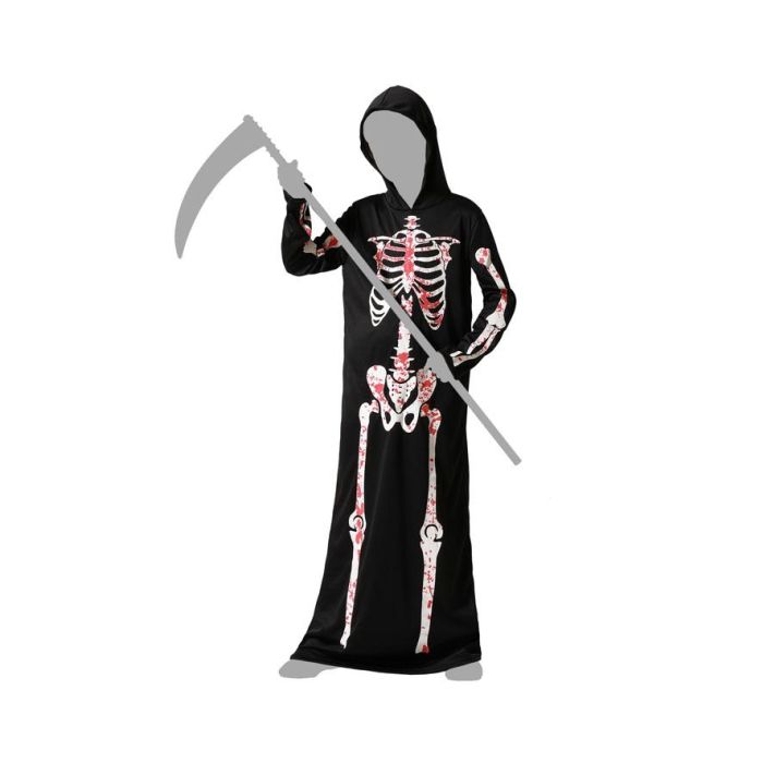 Déguisement Enfant Squelette Sanglant avec Capuche et Taches de Sang, Unisexe Taille 5-6 Ans, Polyester Noir pour Halloween