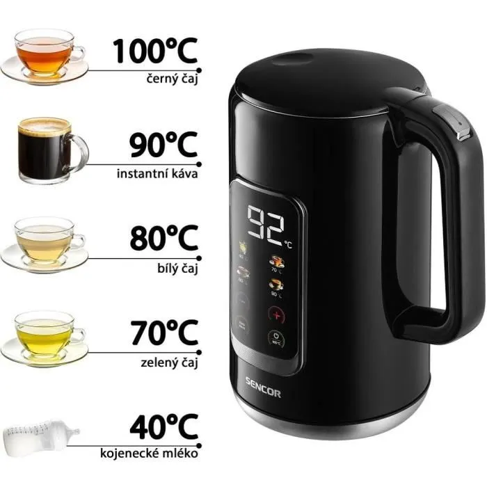 Sencor SWK 0951BK - Bouilloire électrique 1,7 litre 2200 W, inox, contrôle de température 40-100°C, écran LED, triple sécurité
