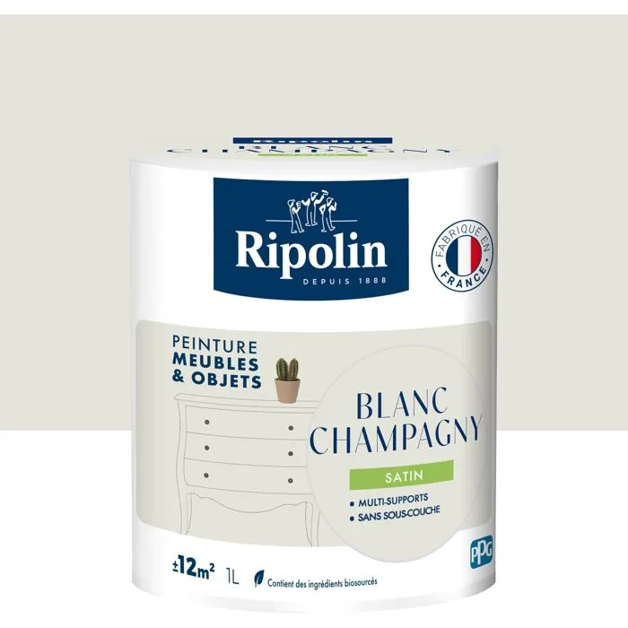 Ripolin - Peinture Meubles & Objets Blanc Champagny Satinée 1L, pour Bois, Mélaminé, Stratifié, Intérieur/Extérieur Ripolin - Peinture Meubles & Objets Blanc Champagny Satinée 1L, pour Bois, Mélaminé, Stratifié, Intérieur/Extérieur