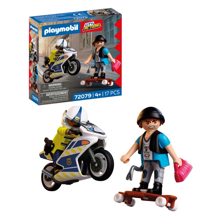 Playmobil 72079 - Set de Figurine et Véhicule Course-poursuite en Moto de Police avec Motard et Bandit pour Enfants