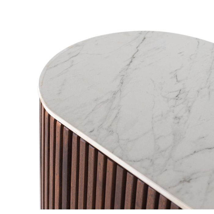 GINER Y COLOMER - Buffet avec côtés courbés en bois de manguier couleur noyer 150 cm, plan de travail en marbre synthétique blanc, poignées dorées 4 GINER Y COLOMER - Buffet avec côtés courbés en bois de manguier couleur noyer 150 cm, plan de travail en marbre synthétique blanc, poignées dorées 4