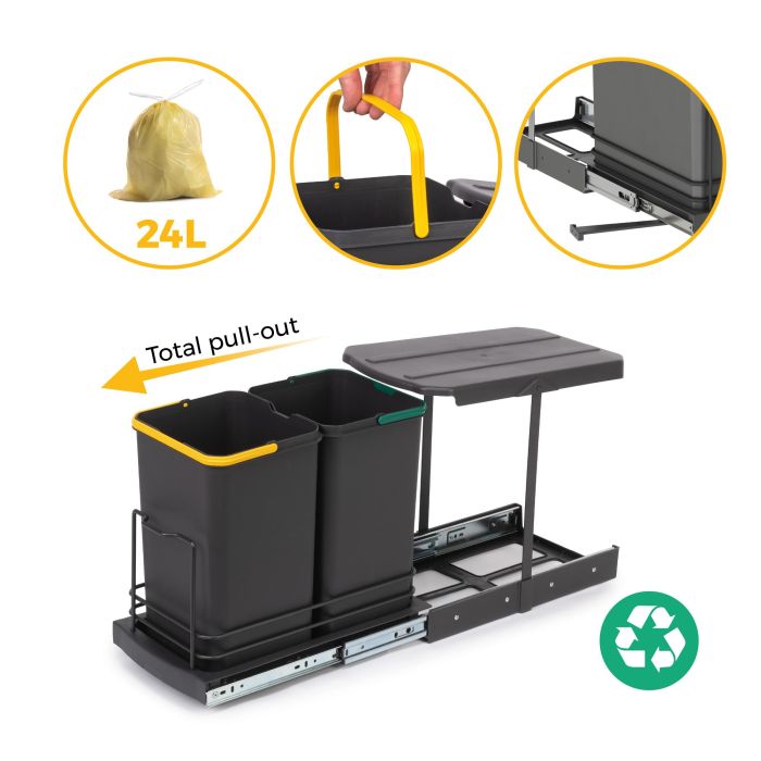 Emuca poubelle de recyclage pour montage inférieur et extraction manuelle/automatique pour meuble de cuisine Recycle 2x12litres, Plastique gris anthracite 9