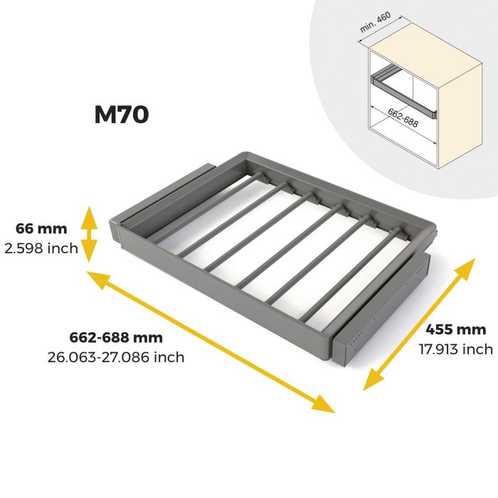Emuca Kit de porte-pantalon à 7tringles et rack ajustable Quartz pour armoires, glissières extension totale et à fermeture douce, Module 70cm, Finition Titane 10