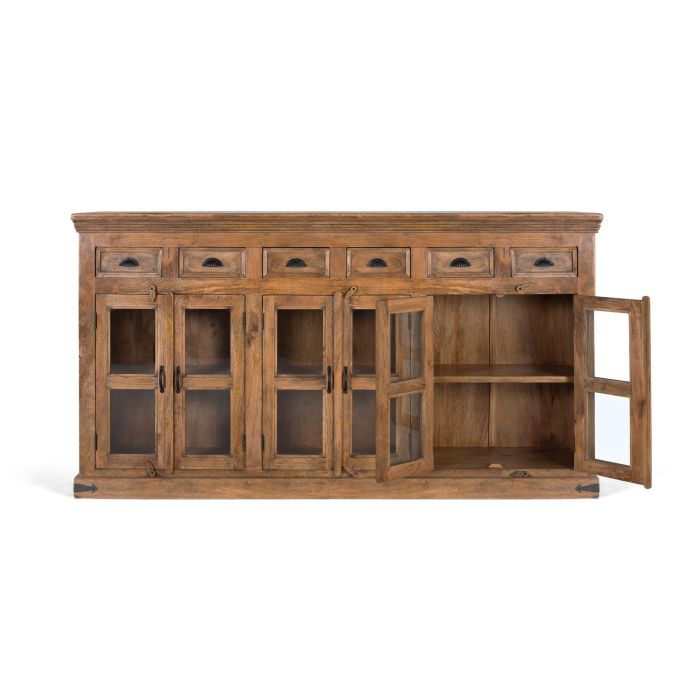 GINER Y COLOMER - Buffet haut en bois de manguier avec 6 portes vitrées et 6 tiroirs - Finition noisette - Dimensions : 72x37x? cm 1