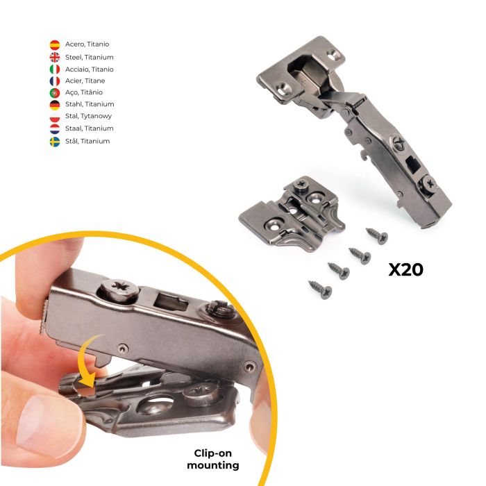 Emuca Lot de 20 charnières droites X91 à fermeture amortie avec embases à visser, hauteur 0, acier, titane 3 Emuca Lot de 20 charnières droites X91 à fermeture amortie avec embases à visser, hauteur 0, acier, titane 3