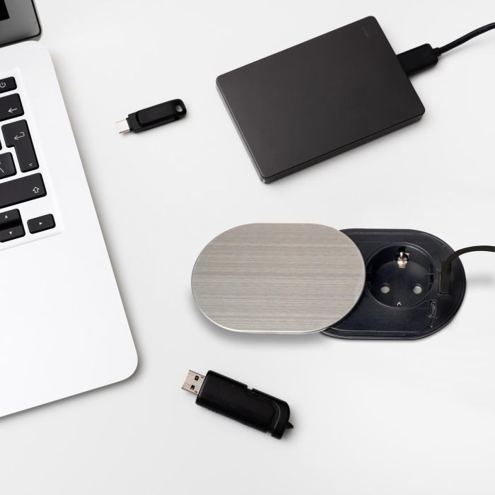 Emuca Multiconnecteur Vertikal Flat 60, diamètre 60mm, 1 x prise Schuko, 1 x USB Type A, 1 x USB Type C, Acier et Plastique, Acier inoxydable 1