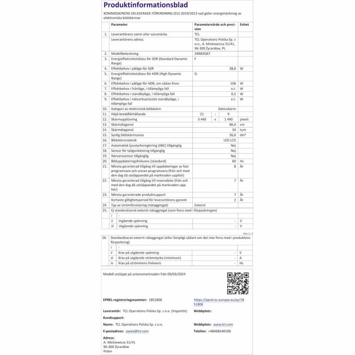 Écran TCL 34R83Q LCD 37" 11
