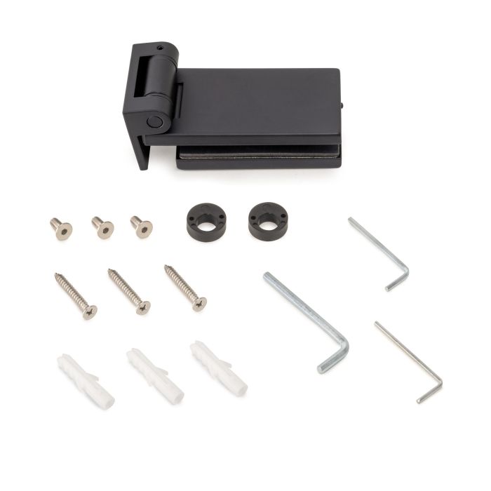 Emuca Charnière pour porte en verre avec garniture, charnière horizontale avec embout de 40mm, pour porte de 8-12mm, aluminium et acier, peinte en noir 0 Emuca Charnière pour porte en verre avec garniture, charnière horizontale avec embout de 40mm, pour porte de 8-12mm, aluminium et acier, peinte en noir 0