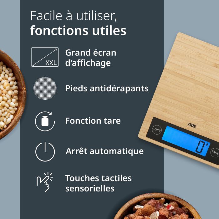 Balance de cuisine digitale - ADE - RAMONA - Bambou - 23 x 18 x 2 cm - Inclus 2 piles Cr2032 2
