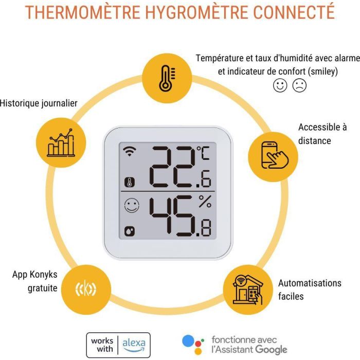 Thermometre et Hygrometre - KONYKS - Termo 2 - Intérieur - Détecteur de température + humidité - Wifi - Grand écran - Blanc 3