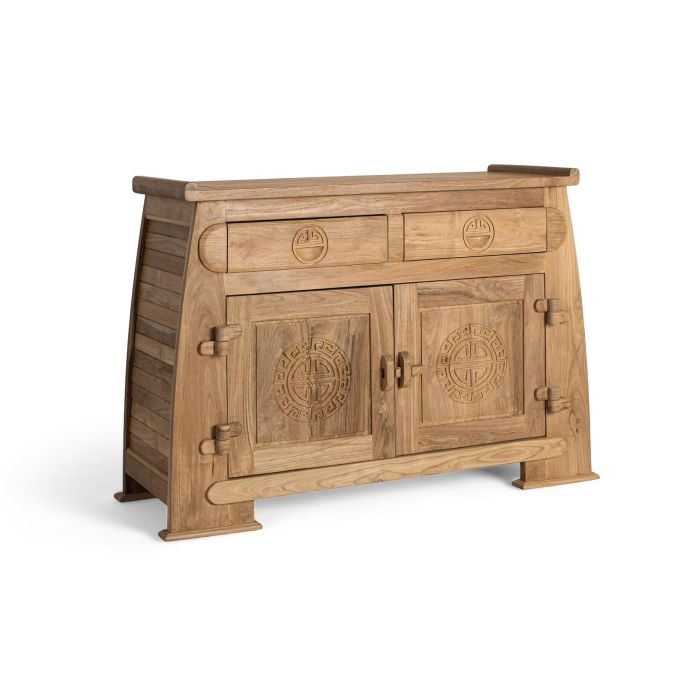GINER Y COLOMER - Buffet en bois de teca massif style oriental avec 2 tiroirs et 2 portes sculptées, finition naturelle rustique - Dimensions L110 x P41 x H77 cm