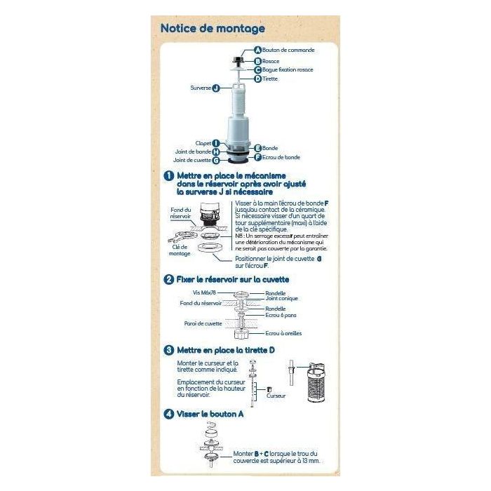 Mécanisme de chasse d'eau a tirette - ROUSSEAU - Certifié NF - Débit puissant 3,5 L/s - Réglable 255-455 mm 3