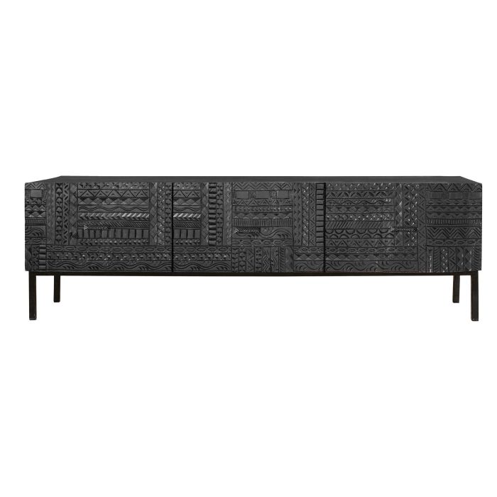 GINER Y COLOMER Buffet TV en bois de manguier massif avec sculpture hiéroglyphe et pattes en fer laqué noir - 180 x 40 x 55 cm 0 GINER Y COLOMER Buffet TV en bois de manguier massif avec sculpture hiéroglyphe et pattes en fer laqué noir - 180 x 40 x 55 cm 0