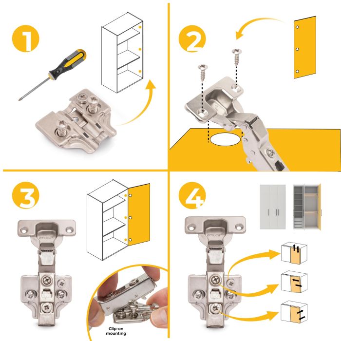 Emuca Lot de 20 charnières coudées X91 à fermeture amortie et embases euro, Hauteur 0, Acier, nickelé 7 Emuca Lot de 20 charnières coudées X91 à fermeture amortie et embases euro, Hauteur 0, Acier, nickelé 7
