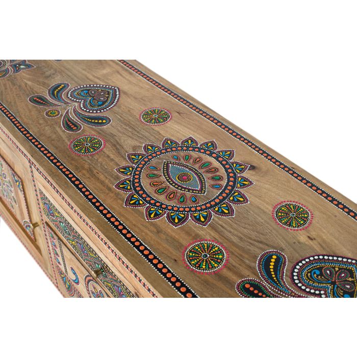 Giner y Colomer - Meuble TV en bois de manguier massif 150 cm, fabriqué à la main avec 3 tiroirs et 2 portes, finition naturelle et détails peints à la main 5