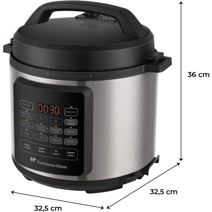 Continental Edison CEMCSP10006L - Cuiseur électrique sous pression, Multicuiseur, 6 Litres, 1000W, Noir et inox, avec programmes automatiques