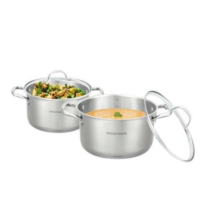 Set de 2 marmites - Tous feux dont induction - ARTHUR MARTIN - AM0155 - Acier inoxydable - Ø 24-28 cm + couvercle en verre - Inox 0 Set de 2 marmites - Tous feux dont induction - ARTHUR MARTIN - AM0155 - Acier inoxydable - Ø 24-28 cm + couvercle en verre - Inox 0