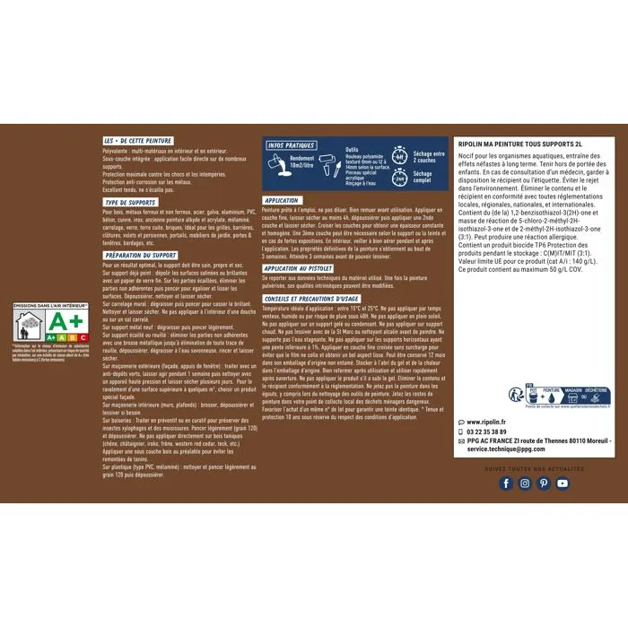 Ripolin - Peinture multi-supports 2 litres - Bois, fer, aluminium, béton, PVC - Mat - Teinte Châtaigner RAL 8007 - Résistante aux intempéries et à l'humidité Ripolin - Peinture multi-supports 2 litres - Bois, fer, aluminium, béton, PVC - Mat - Teinte Châtaigner RAL 8007 - Résistante aux intempéries et à l'humidité