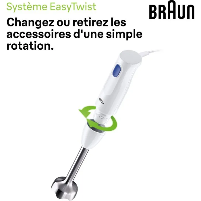 Braun MultiQuick 1 MQ10.202M - Mixeur plongeant 450 W, 1 vitesse, système EasyTwist, blanc, sans BPA, accessoires lavables au lave-vaisselle Braun MultiQuick 1 MQ10.202M - Mixeur plongeant 450 W, 1 vitesse, système EasyTwist, blanc, sans BPA, accessoires lavables au lave-vaisselle