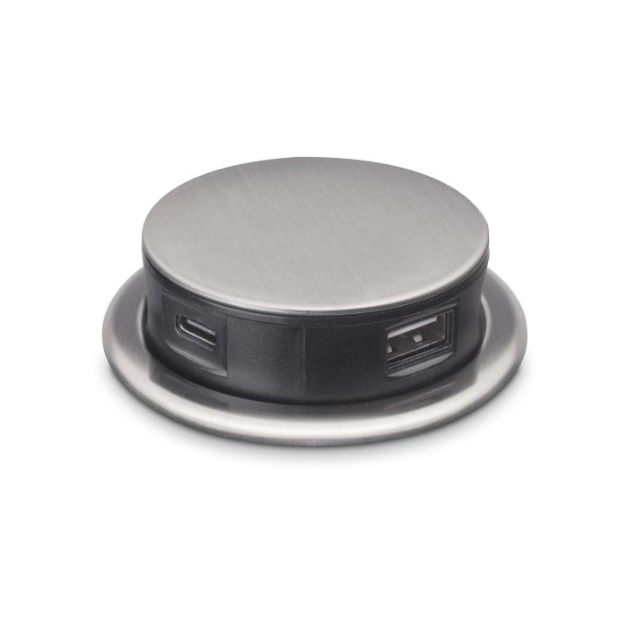 Emuca Multiconnecteur Vertikal Push 60, diamètre 60 mm, 3 prises de type Schuko, 1 USB de type A, 1 USB de type C, Acier et plastique, Acier inoxydable 3