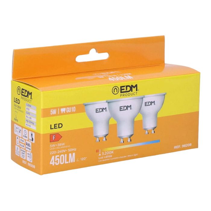 Pack de 3 ampoules LED EDM 98208 F 5 W 45 W GU10 450 lm Ø 5 x 5,5 cm (3200 K) 0 Pack de 3 ampoules LED EDM 98208 F 5 W 45 W GU10 450 lm Ø 5 x 5,5 cm (3200 K) 0