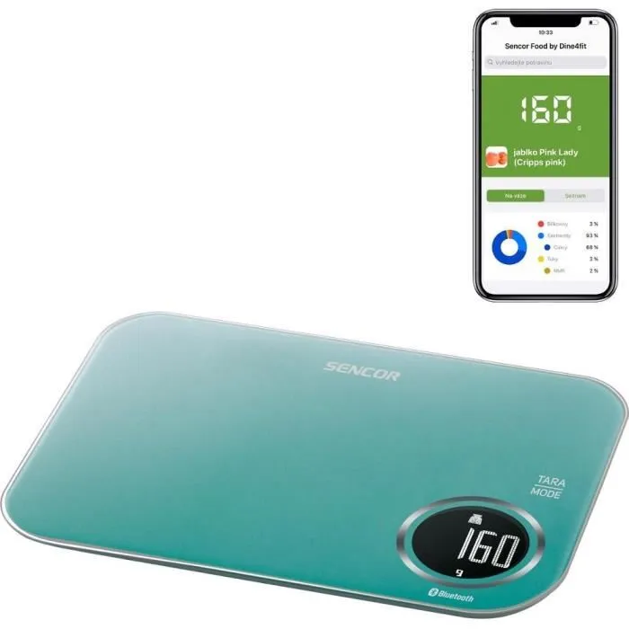Sencor SKS 7071GR Balance de Cuisine Connectée, Capacité 5 kg, Précision 1 g, Écran LCD Rétroéclairé, avec Application FOOD
