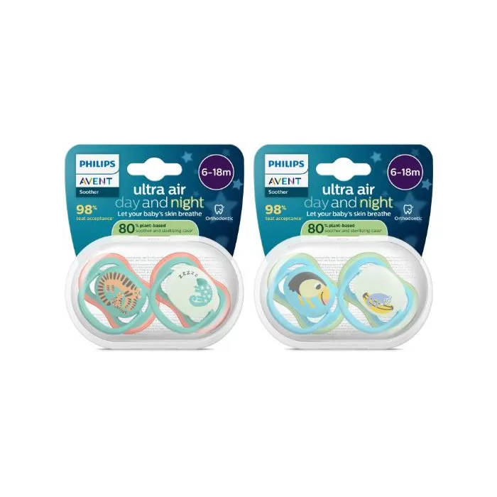 Philips Avent SCF087/27 Lot de 4 sucettes Ultra Air, sans BPA, brillent dans le noir, 6-18 mois, jour et nuit, vert/orange, 80% matériaux d'origine végétale Philips Avent SCF087/27 Lot de 4 sucettes Ultra Air, sans BPA, brillent dans le noir, 6-18 mois, jour et nuit, vert/orange, 80% matériaux d'origine végétale