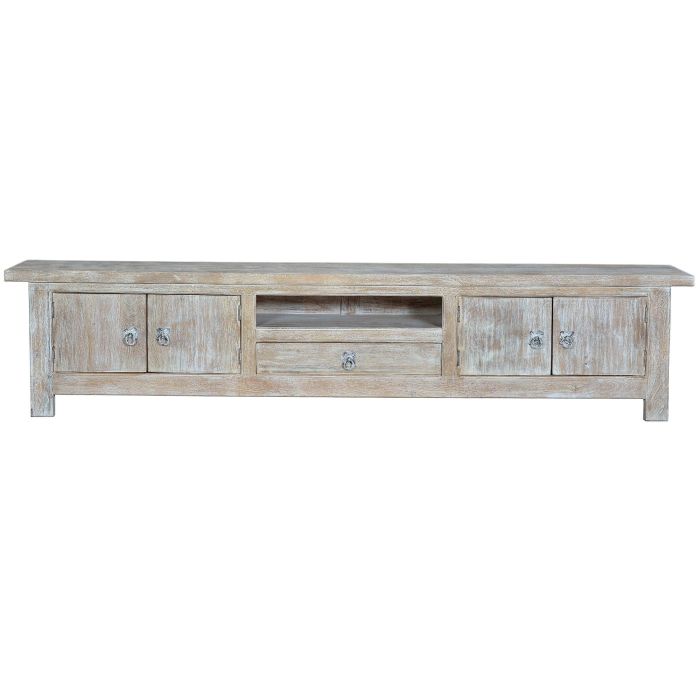 GINER Y COLOMER - Meuble TV en bois de mango blanc vieilli, 230 cm de large, 4 portes et 1 tiroir, avec espace de rangement supérieur 0 GINER Y COLOMER - Meuble TV en bois de mango blanc vieilli, 230 cm de large, 4 portes et 1 tiroir, avec espace de rangement supérieur 0