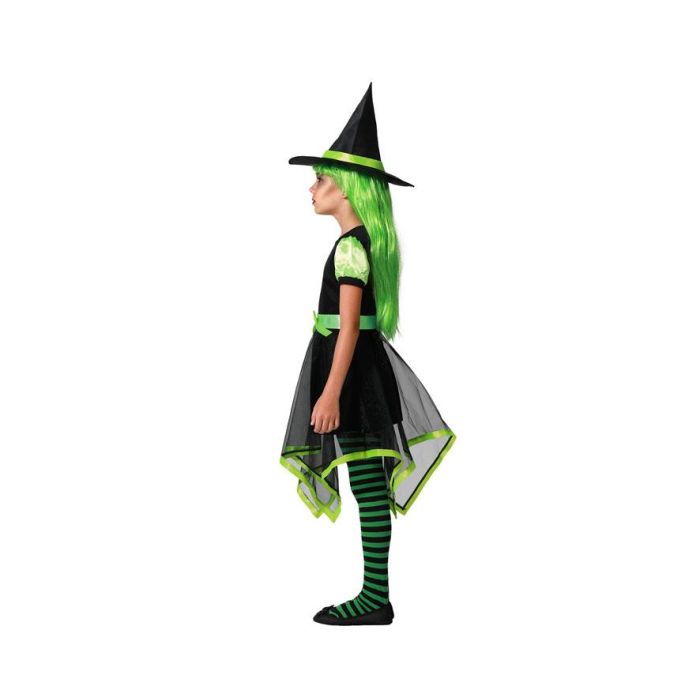 Déguisement Enfant Fille Sorcière avec Robe Courte et Jupe Asymétrique Vert - Chapeau Pointu Inclus - Halloween, Carnaval - Taille 5-6 Ans