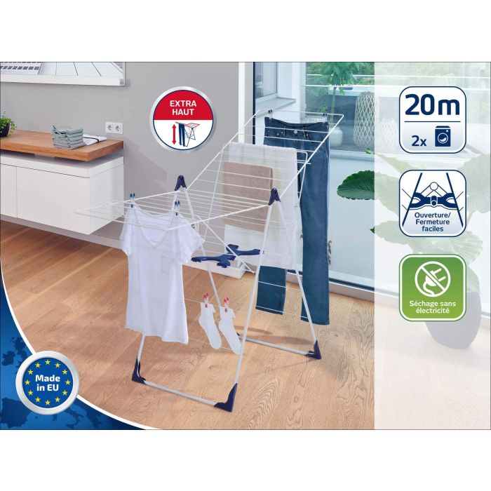 Étendoir a linge Leifheit Classic 200 Flex 81408,  séchoir a linge avec 20m d'étendage et ailettes réglables en hauteur, blanc 1