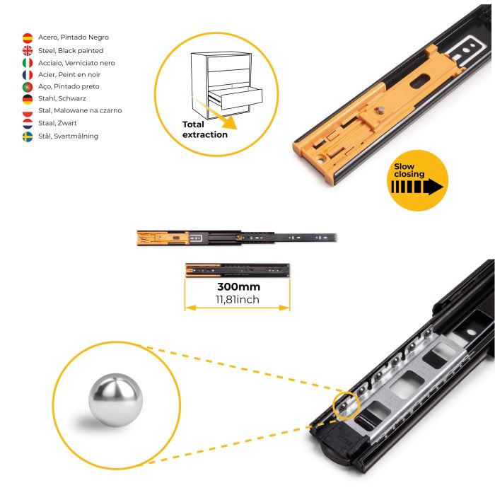 Emuca Lot de 5 jeux de Coulisses pour tiroirs, roulement à billes, hauteur 45mm, profondeur 300mm, sortie totale, fermeture amortie, Noir 7