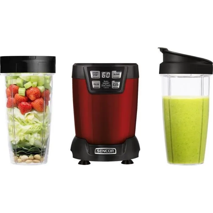 Sencor SNB 6601RD Blender Smoothie, Mixeur 1200 W avec 2 Récipients (0.8 L, 1 L), 6 Lames Titane, Programmes Prédéfinis, Sans BPA