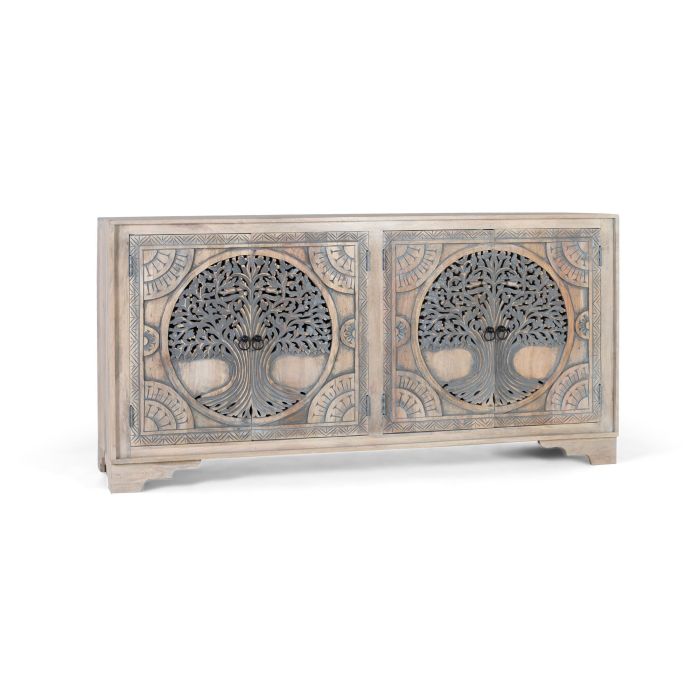 GINER Y COLOMER - Buffet en bois de manguier avec 4 portes décorées à la main, motifs sculptés Arbre de Vie, finition naturelle et bleue, intérieur avec étagères 2