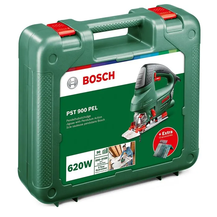 Bosch PST 900 PEL - Scie sauteuse pendulaire filaire 620W, 3100 tr/min, avec variateur électronique, fonction CutControl, PowerLight, mallette et set de 10 lames Bosch PST 900 PEL - Scie sauteuse pendulaire filaire 620W, 3100 tr/min, avec variateur électronique, fonction CutControl, PowerLight, mallette et set de 10 lames