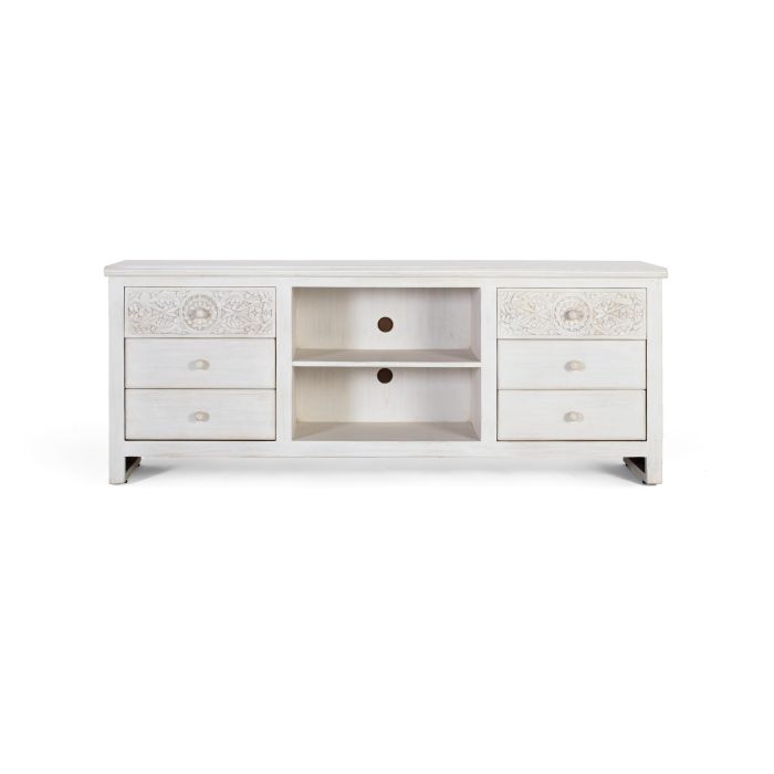 GINER Y COLOMER Meuble TV avec 6 tiroirs et 2 espaces ouverts, en bois de manguier blanc vieilli, 180 x 40 x 70 cm 0 GINER Y COLOMER Meuble TV avec 6 tiroirs et 2 espaces ouverts, en bois de manguier blanc vieilli, 180 x 40 x 70 cm 0