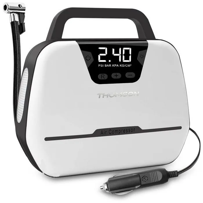 Compresseur d'air Thomson 12V LCD - Pression max 150PSA - Ecran digital - Lampe de travail intégrée - Cordon allume-cigare 2.80m Compresseur d'air Thomson 12V LCD - Pression max 150PSA - Ecran digital - Lampe de travail intégrée - Cordon allume-cigare 2.80m