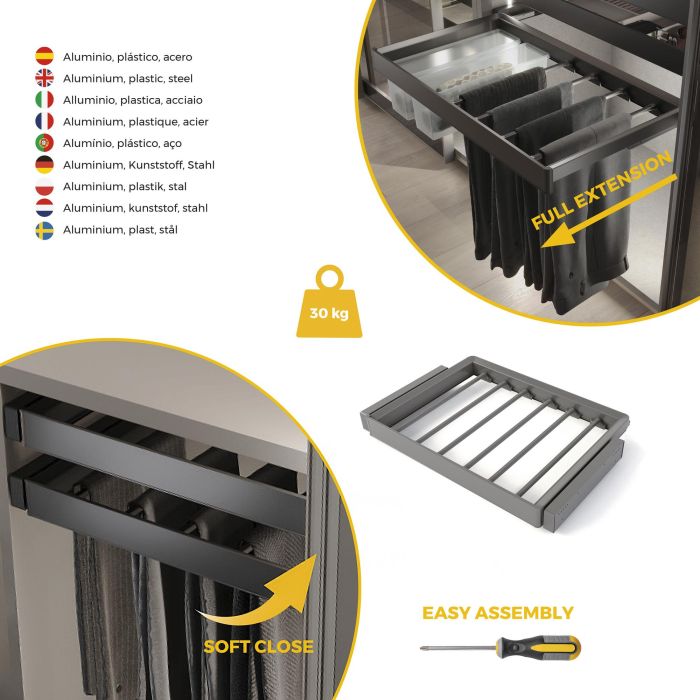 Emuca Kit de porte-pantalon à 7tringles et rack ajustable Quartz pour armoires, glissières extension totale et à fermeture douce, Module 70cm, Finition Titane 6