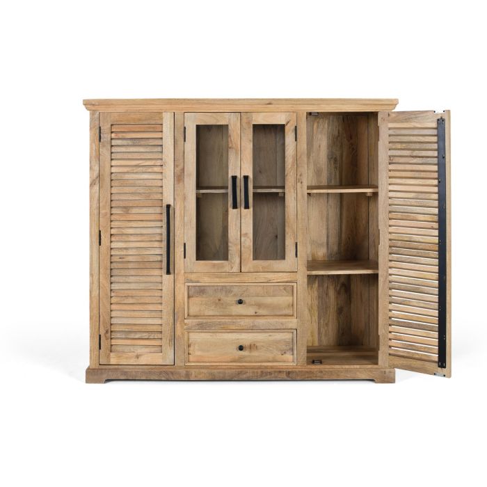 GINER Y COLOMER - Buffet en bois de manguier massif à 4 portes, 2 vitrées et 2 latérales en bois, avec tiroirs, meuble de rangement et d'exposition, finition naturelle 2