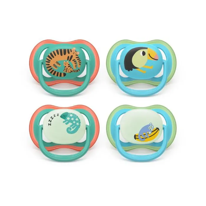 Philips Avent SCF087/27 Lot de 4 sucettes Ultra Air, sans BPA, brillent dans le noir, 6-18 mois, jour et nuit, vert/orange, 80% matériaux d'origine végétale Philips Avent SCF087/27 Lot de 4 sucettes Ultra Air, sans BPA, brillent dans le noir, 6-18 mois, jour et nuit, vert/orange, 80% matériaux d'origine végétale