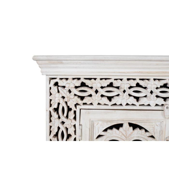 GINER Y COLOMER - Meuble TV en bois de manguier massif couleur blanc vieilli, 2 portes avec détails sculptés main, 180x40x60 cm 3 GINER Y COLOMER - Meuble TV en bois de manguier massif couleur blanc vieilli, 2 portes avec détails sculptés main, 180x40x60 cm 3