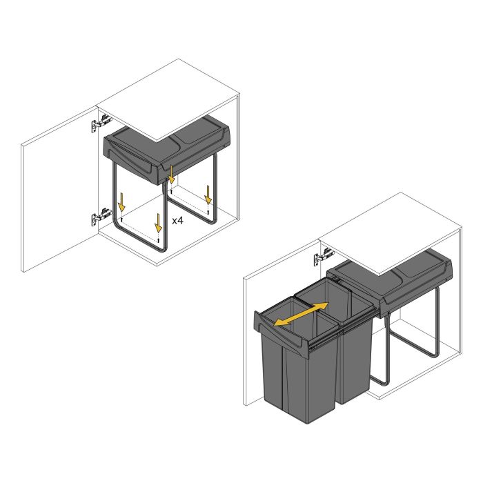 Emuca bac de tri sélectif a montage inférieur et extraction manuelle pour élément de cuisine Recycle, 2x25litres, Plastique gris antracite 18