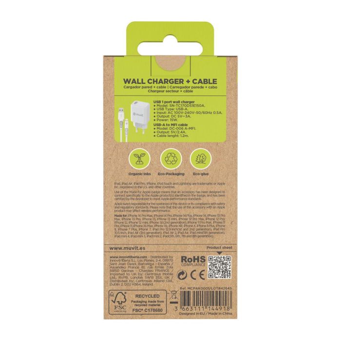 Chargeur mural + Câble USB A vers USB-C Muvit for Change SN-TC170DS1E150A + DC-006 Blanc 12 W 3