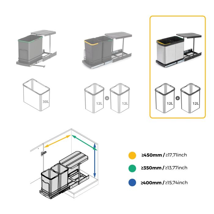 Emuca Bac à recyclage pour montage inférieur et extraction manuelle/automatique dans les éléments de cuisine, Inox 2x12 litres plastique et acier inoxydable. 9