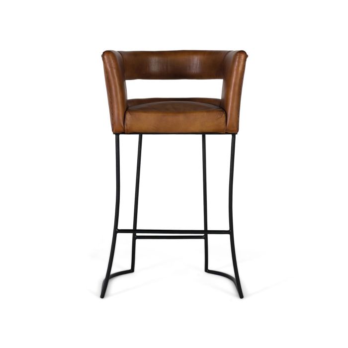 GINER Y COLOMER Tabouret en cuir naturel cognac avec structure métallique noire curviligne - Hauteur 101 cm, largeur 60 cm 1