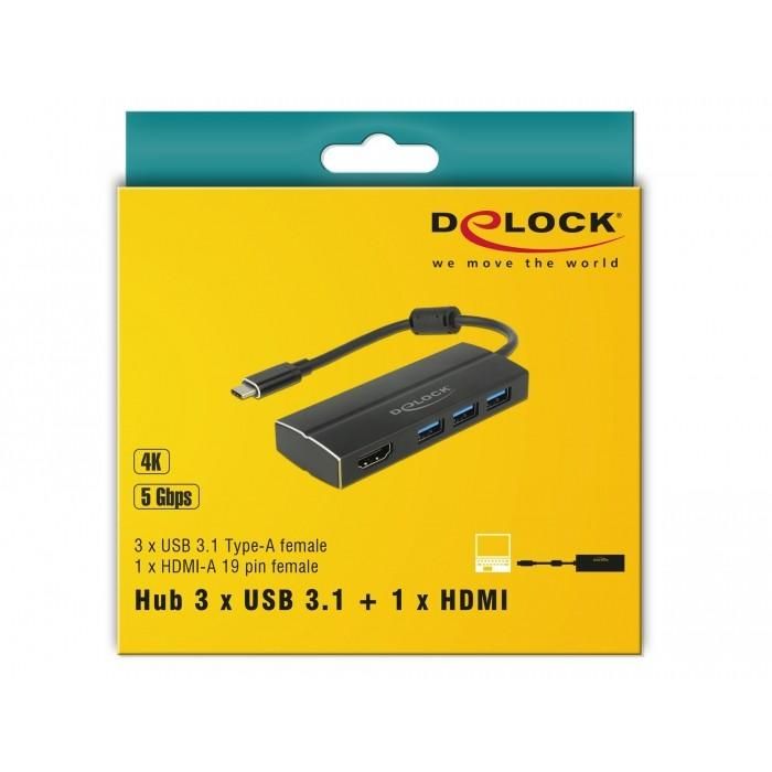 DELOCK USB 3.1 Gen 1 Adapter USB Type-C zu 3 x USB 3.0 Typ-A Hub + 1 x HDMI DP Alt Mode 4K 30 Hz 1