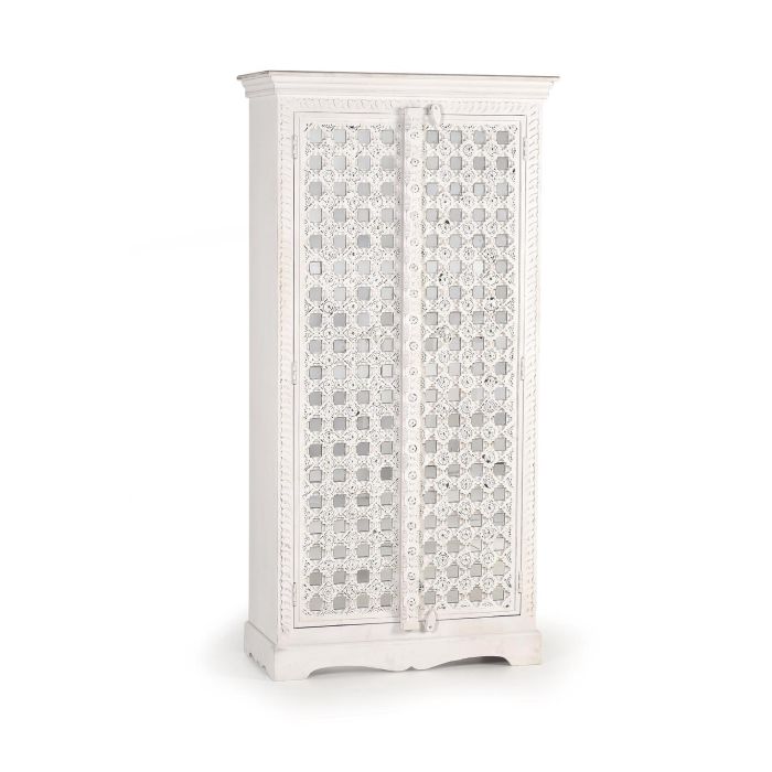 GINER Y COLOMER - Armoire en bois de manguier blanc avec style géométrique, incrustations et miroir, 2 portes, 3 étagères intérieures 0 GINER Y COLOMER - Armoire en bois de manguier blanc avec style géométrique, incrustations et miroir, 2 portes, 3 étagères intérieures 0